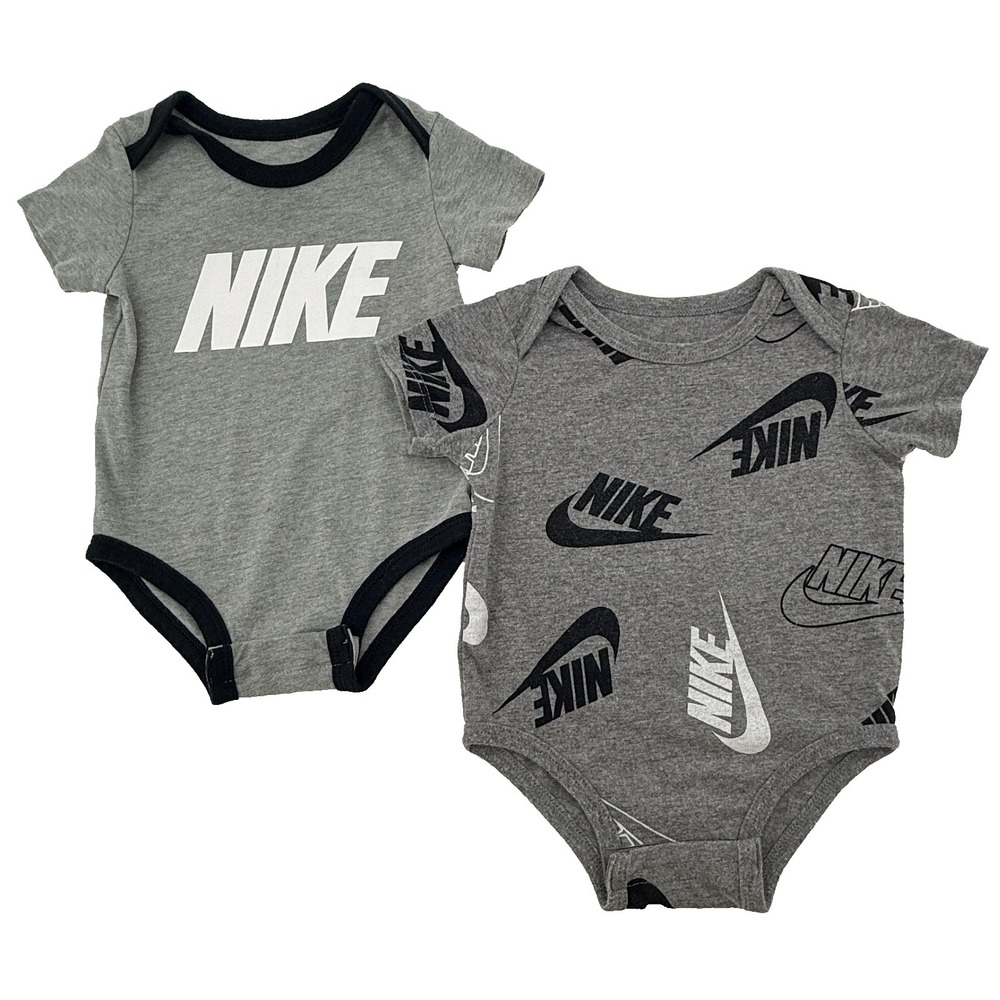 Nike‎ Baby Bodysuit Set of 2 Gray Black 6 Months Infant One Piece Logo Outfit